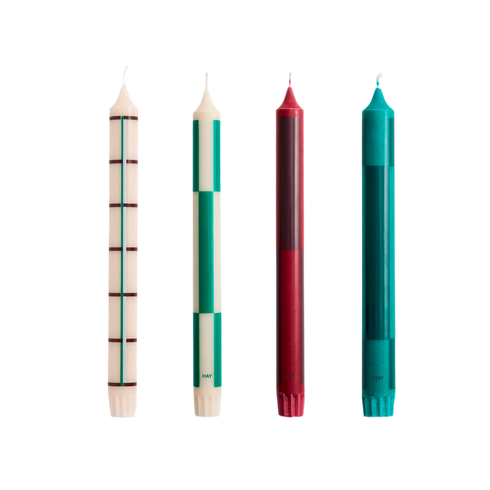 4er Set Kerzen Pattern | green & bordeaux