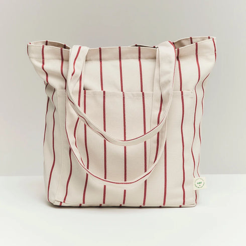 Outdoor Market Tote Bag | beige with red stripes