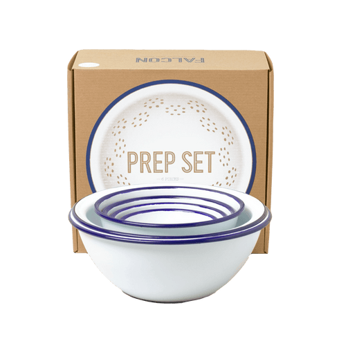 6er Set Emaille-Schüsseln | weiss mit blauem Rand