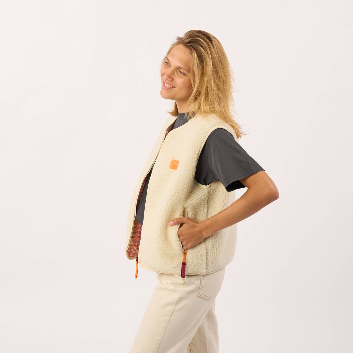 Gilet sans manches en sherpa zippé pour femme - Beige