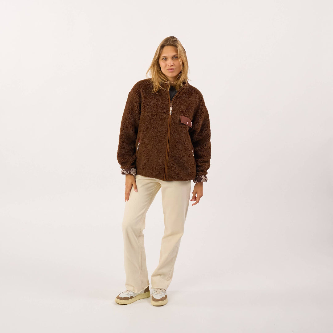 Veste zippée à manches longues en sherpa pour femme - Marron