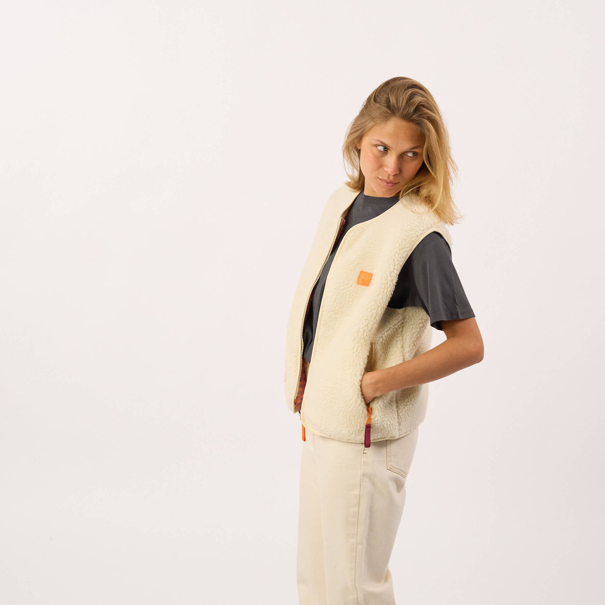 Gilet sans manches en sherpa zippé pour femme - Beige