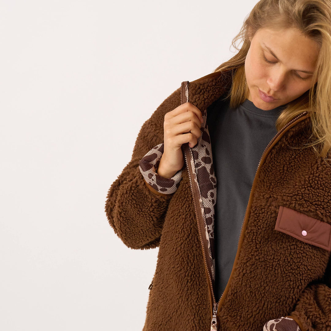 Veste zippée à manches longues en sherpa pour femme - Marron