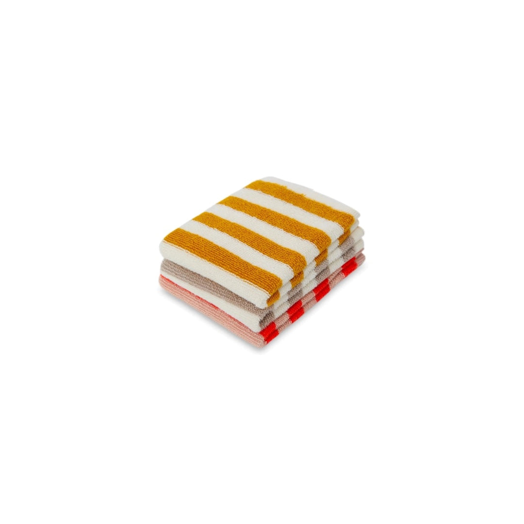 Set of 3 Terry Tea Towels, Striped | Beige, Mustard, Red