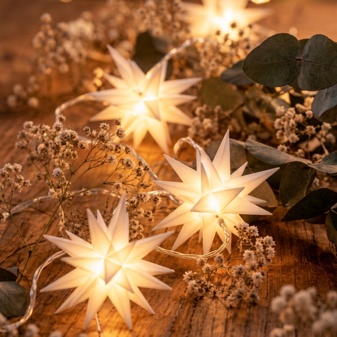 Drei warmweiss leuchtende LED-Sterne von Sterntaler auf einem Holztisch, dekoriert für eine schöne Weihnachtsdekoration