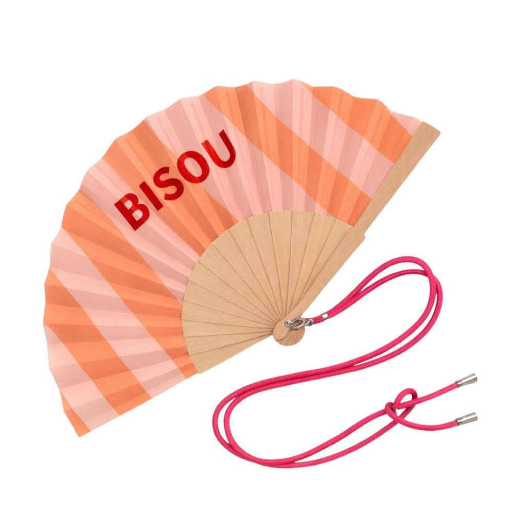 Stylische Fächer für heiße Sommertage in Orange und Pink von BISOU, ideal als sommerliches Accessoire.