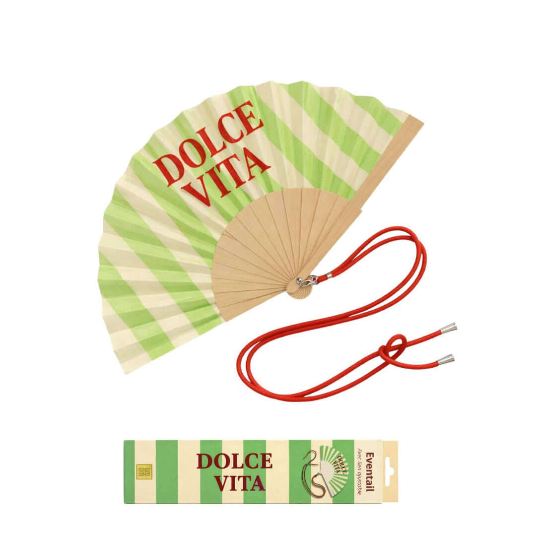 Stylische Fächer für den Sommer von Dolce Vita in grünen Streifen, ideal für heiße Tage.