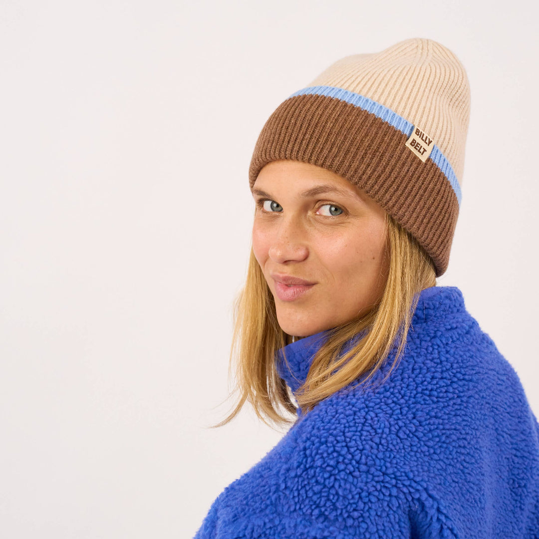 Strickmütze | ecru, braun, hellblau