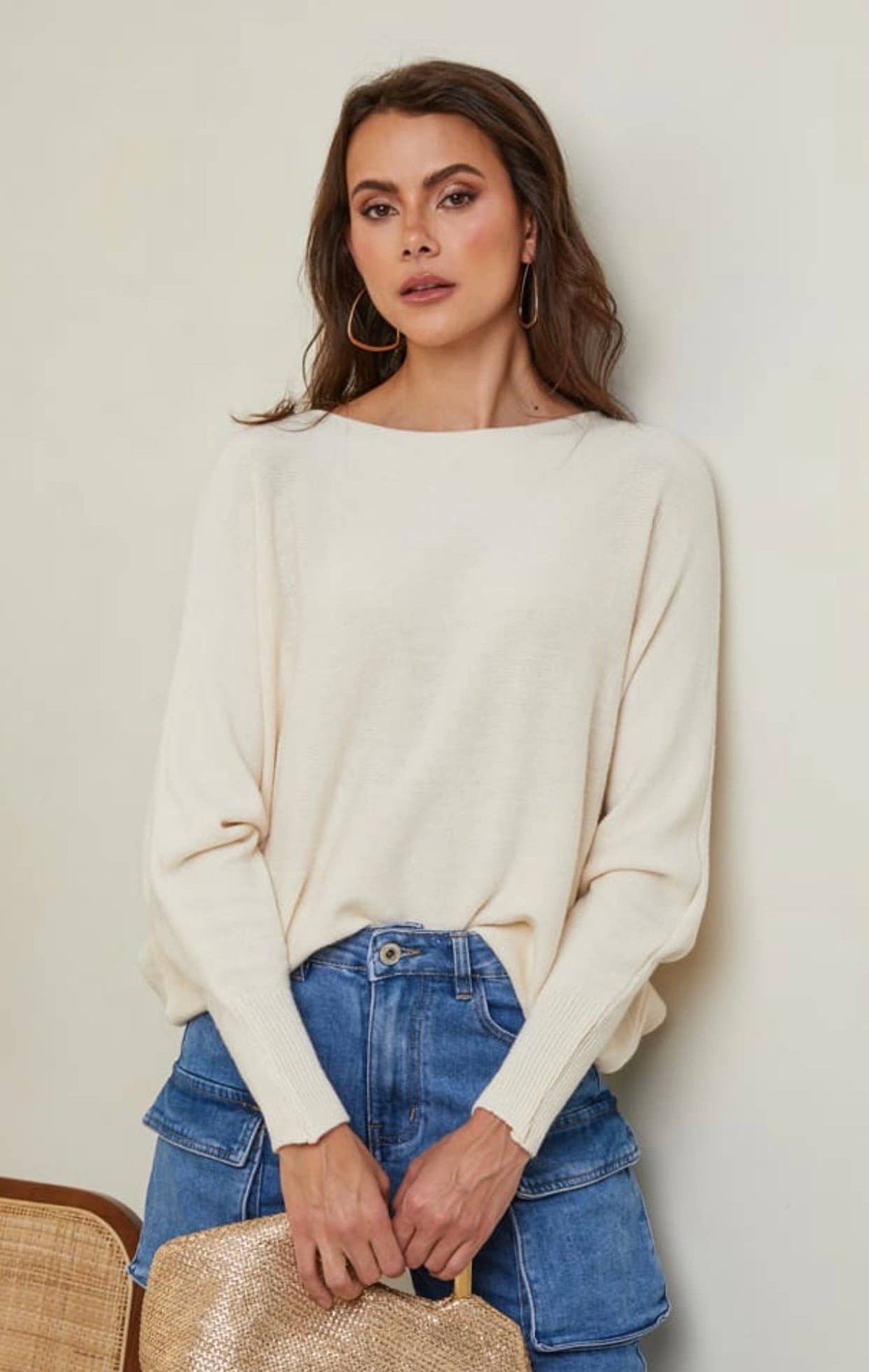 Pullover mit Fledermausärmeln| ecru