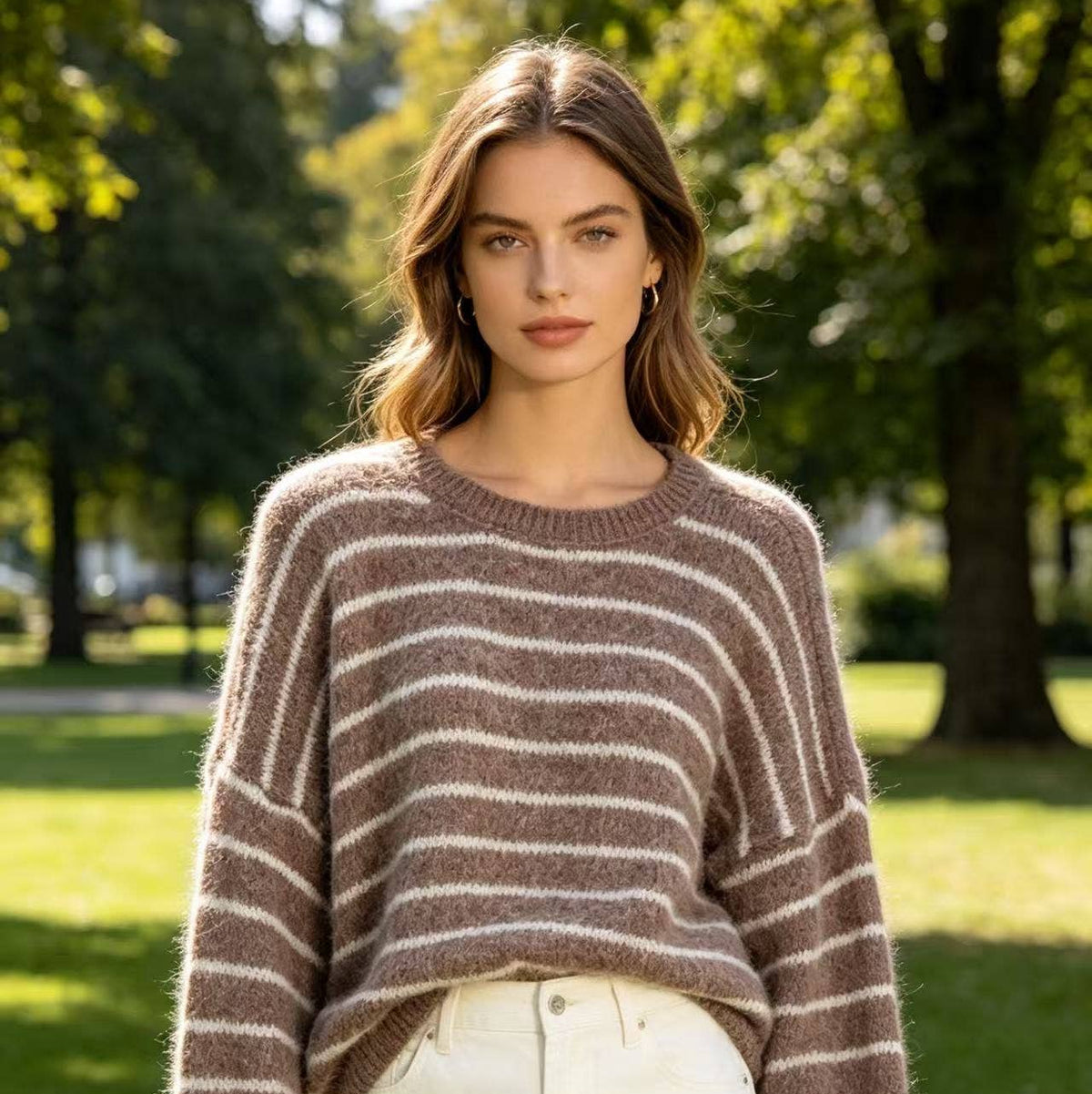 Gestreifter Pullover | taupe + creme