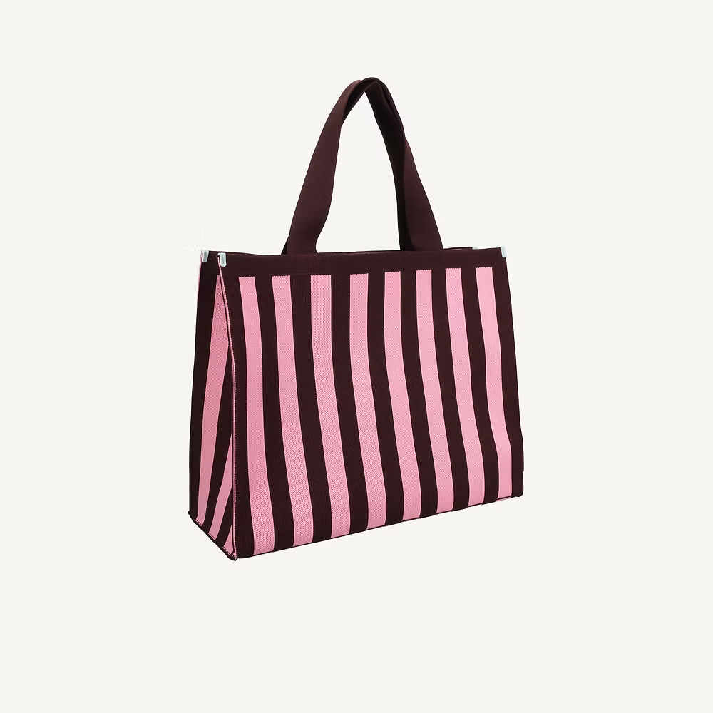 Sac cabas tricoté rayé | chocolat + bubblegum