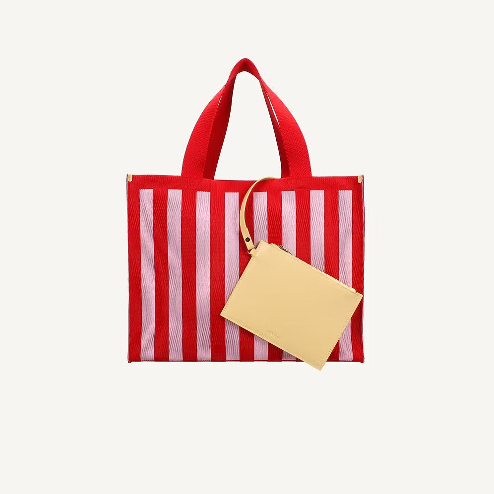 Sac cabas tricoté rayé | chocolat + bubblegum