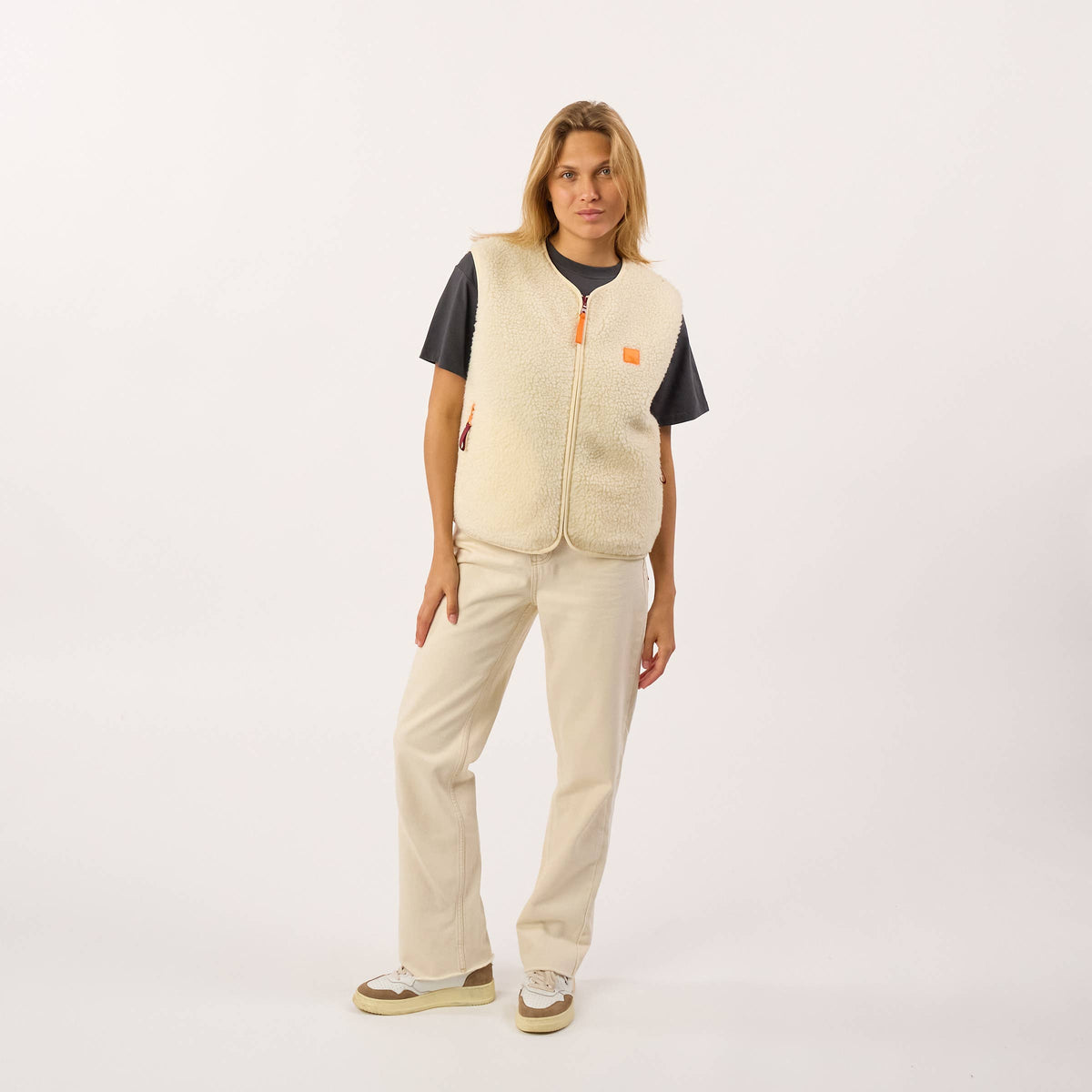 Gilet sans manches en sherpa zippé pour femme - Beige