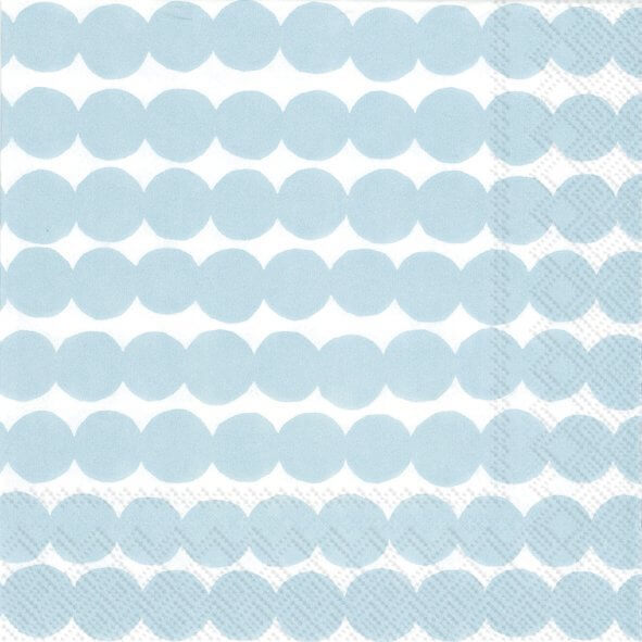 Räsymatto Servietten hellblau mit einem auffälligen Design aus hellblauen Punkten auf weißem Hintergrund.