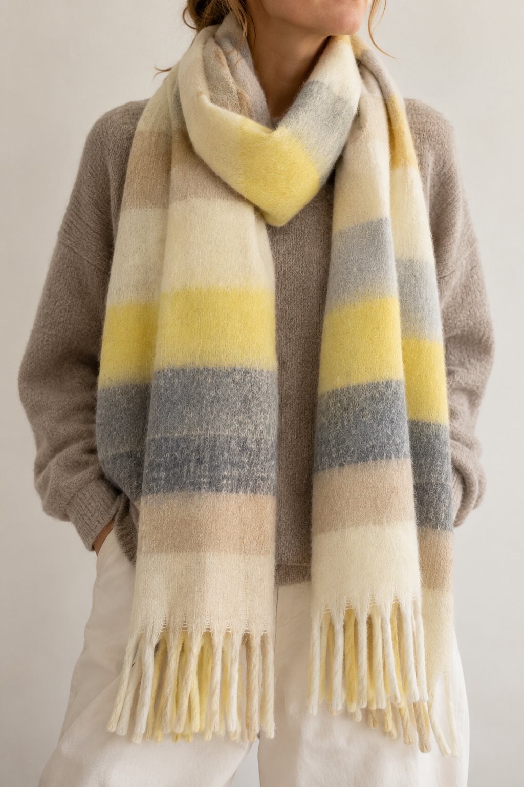 Chunky Knit Schal XL | gelb, grau, ecru