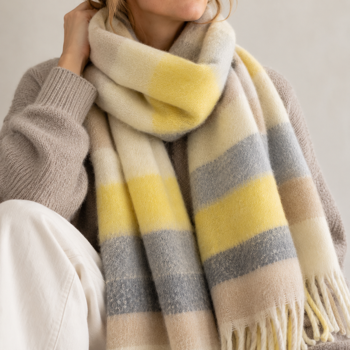 Chunky Knit Schal XL | gelb, grau, ecru