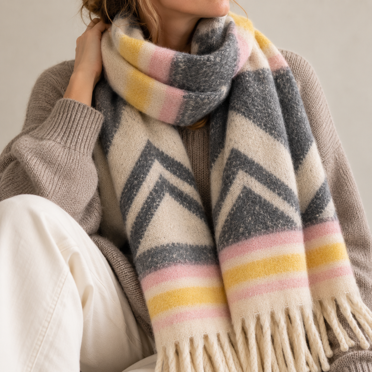 Chunky Knit Schal XL | grau, rosé,  mustard