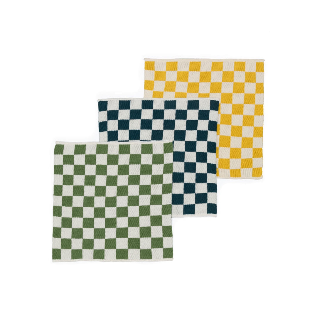 Set of 3 dishcloths, checkered | yellow, petrol, green