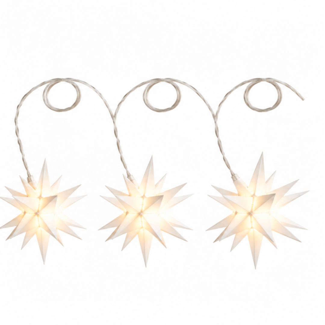 Sterntaler LED Mini-Sternenkette mit 3 weissen, warmweiss leuchtenden Sternen à 12 cm und 18 Zacken, wetterfest für Innen- und Aussenbereiche.