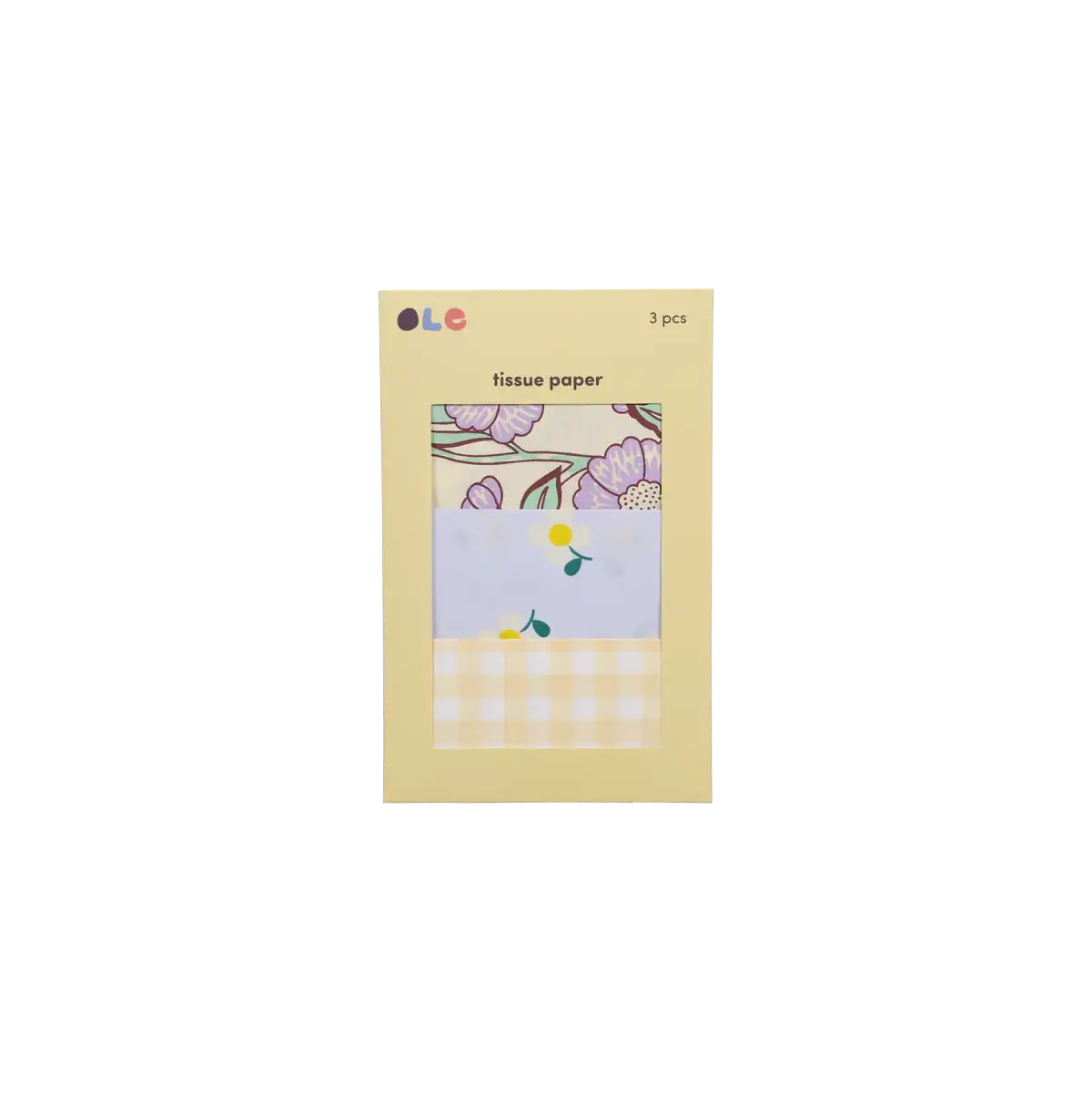 3er Set Seidenpapier für Blumen von Ole in verschiedenen Designs auf gelbem Hintergrund.