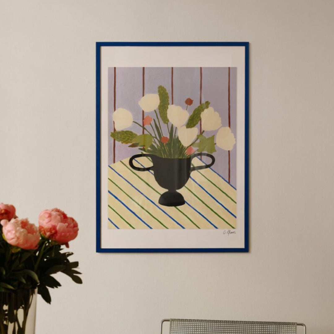 Impression d'art encadrée Fleurs sur tissu rayé | 30x40cm