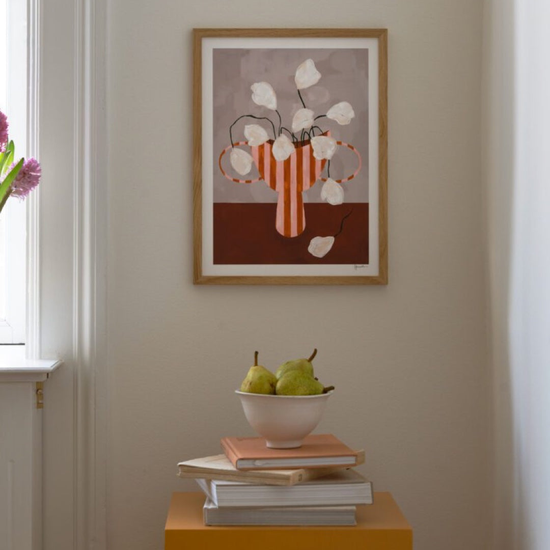 Framed Art Print White Flowers in Striped Vase | 40x50cm