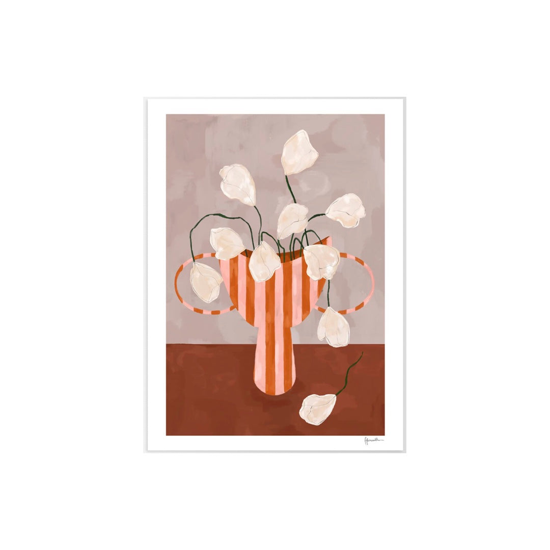 Framed Art Print White Flowers in Striped Vase | 40x50cm
