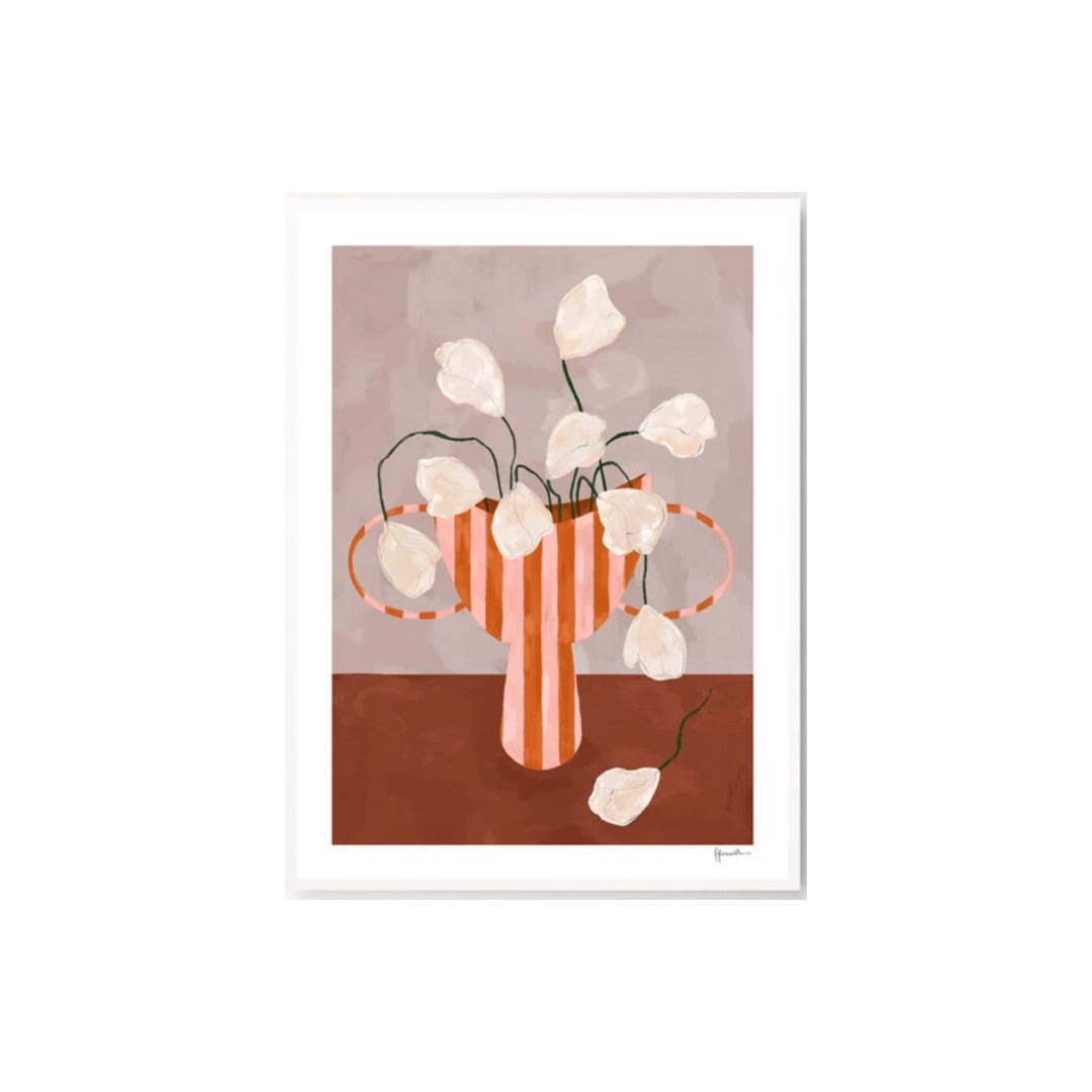 Framed Art Print White Flowers in Striped Vase | 40x50cm
